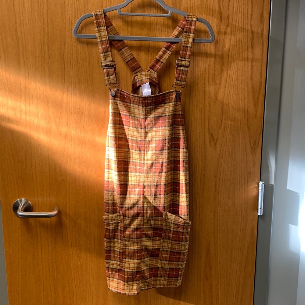 NWT Brown yellow orange super cute 90s inspired plaid overalls dress
